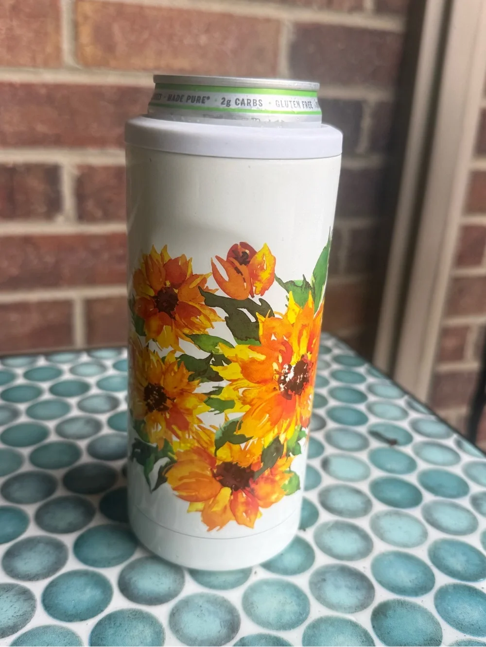White Sunflower Slim Can Cooler - Insulated Floral Beverage Holder..12 OZ